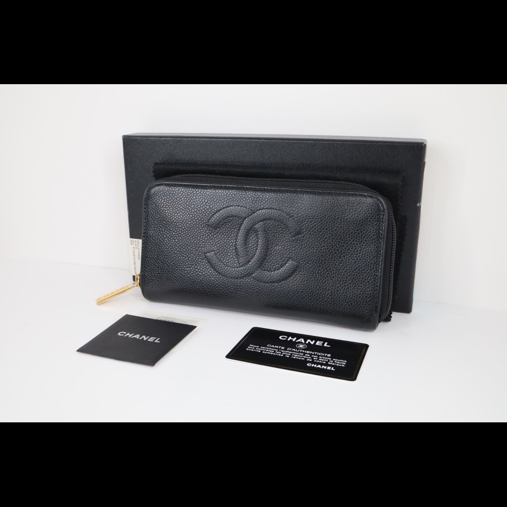 Authentic Vintage Chanel Large Black Caviar Timeless CC Zipper Around Wallet